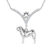 Chinese Shar Pei Necklace Body Design in V-Shaped Cubic Zirconia and Sterling Silver Chain with Pawprint.