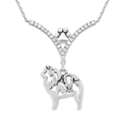 Chow Chow Necklace Body Design in V-Shaped Cubic Zirconia and Sterling Silver Chain with Pawprint.