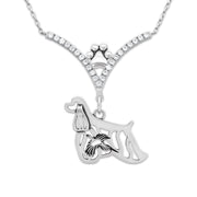 Cocker Spaniel Necklace Body Design with Pheasant in V-Shaped Cubic Zirconia and Sterling Silver Chain with Pawprint.