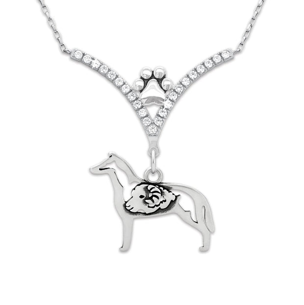 Smooth Coat Collie Necklace Body Design with Ram in V-Shaped Cubic Zirconia and Sterling Silver Chain with Pawprint.