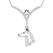 Smooth Coat Collie Necklace Head Design in V-Shaped Cubic Zirconia and Sterling Silver Chain with Pawprint.