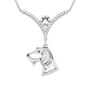 Wirehaired Dachshund Necklace Head Design in V-Shaped Cubic Zirconia and Sterling Silver Chain with Pawprint.