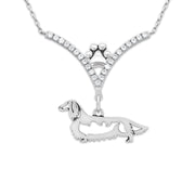 Longhaired Dachshund Necklace Body Design in V-Shaped Cubic Zirconia and Sterling Silver Chain with Pawprint.