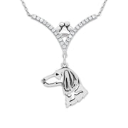 Longhaired Dachshund Necklace Head Design in V-Shaped Cubic Zirconia and Sterling Silver Chain with Pawprint.