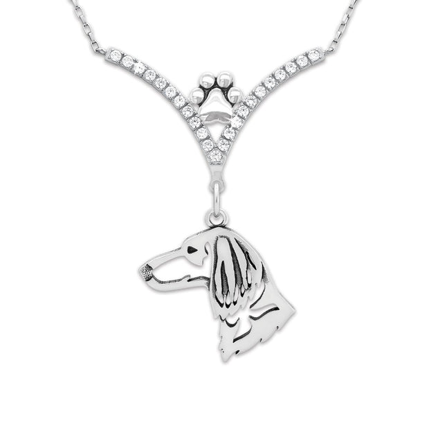 Longhaired Dachshund Necklace Head Design in V-Shaped Cubic Zirconia and Sterling Silver Chain with Pawprint.