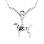 Dalmation Necklace Body Design with Fire Hat in V-Shaped Cubic Zirconia and Sterling Silver Chain with Pawprint.