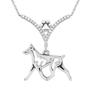 Doberman Pinscher Necklace Body Design in V-Shaped Cubic Zirconia and Sterling Silver Chain with Pawprint.