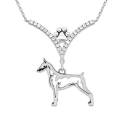 Doberman Pinscher Necklace Body Design in V-Shaped Cubic Zirconia and Sterling Silver Chain with Pawprint.