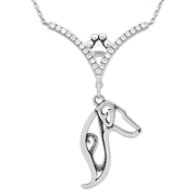 Doberman Pinscher Necklace Head Design in V-Shaped Cubic Zirconia and Sterling Silver Chain with Pawprint.