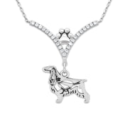 English Cocker Spaniel Necklace Body Design with Quail in V-Shaped Cubic Zirconia and Sterling Silver Chain with Pawprint.