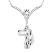 English Cocker Spaniel Necklace Head Design in V-Shaped Cubic Zirconia and Sterling Silver Chain with Pawprint.