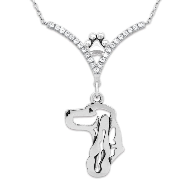 English Cocker Spaniel Necklace Head Design in V-Shaped Cubic Zirconia and Sterling Silver Chain with Pawprint.