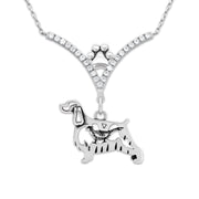 English Springer Spaniel Necklace Body Design with Pheasant in V-Shaped Cubic Zirconia and Sterling Silver Chain with Pawprint.