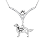 Flat Coated Retriever Necklace Body Design with Duck in V-Shaped Cubic Zirconia and Sterling Silver Chain with Pawprint.