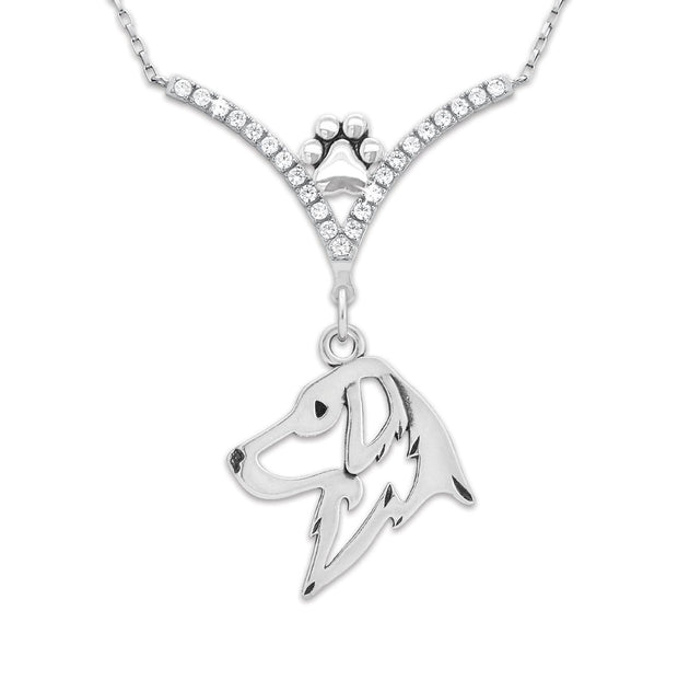 Flat Coated Retriever Necklace Head Design in V-Shaped Cubic Zirconia and Sterling Silver Chain with Pawprint.