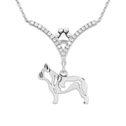 French Bulldog Necklace Body Design in V-Shaped Cubic Zirconia and Sterling Silver Chain with Pawprint.