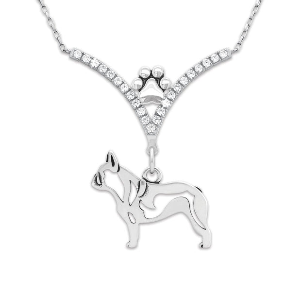 French Bulldog Necklace Body Design in V-Shaped Cubic Zirconia and Sterling Silver Chain with Pawprint.