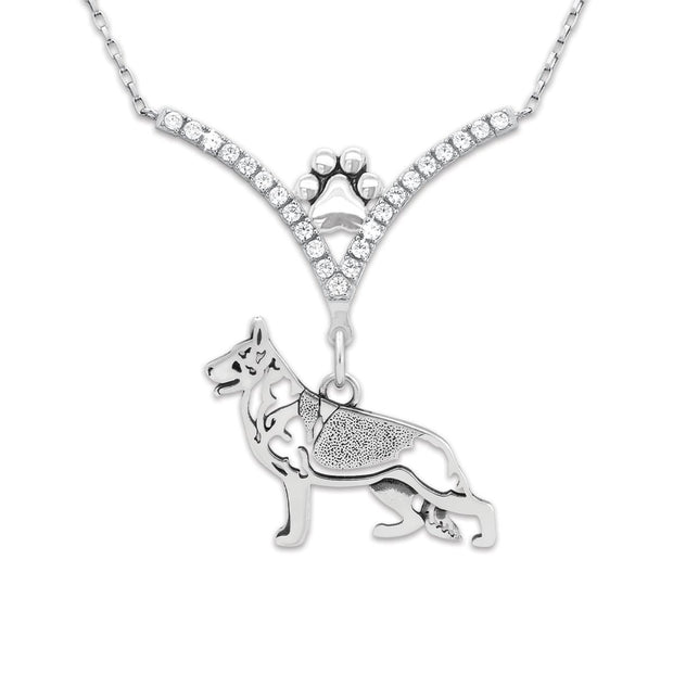 German Shepherd Necklace Body Design in V-Shaped Cubic Zirconia and Sterling Silver Chain with Pawprint.