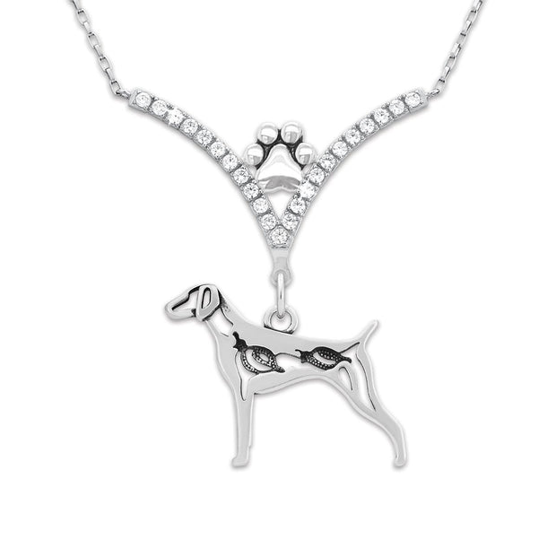 German Shorthaired Pointer Necklace Body Design with Quail in V-Shaped Cubic Zirconia and Sterling Silver Chain with Pawprint.