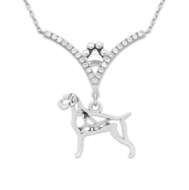 German Wirehaired Pointer Necklace Body Design with Quail in V-Shaped Cubic Zirconia and Sterling Silver Chain with Pawprint.