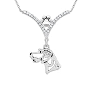 German Wirehaired Pointer Necklace Head Design in V-Shaped Cubic Zirconia and Sterling Silver Chain with Pawprint.