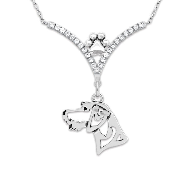 German Wirehaired Pointer Necklace Head Design in V-Shaped Cubic Zirconia and Sterling Silver Chain with Pawprint.