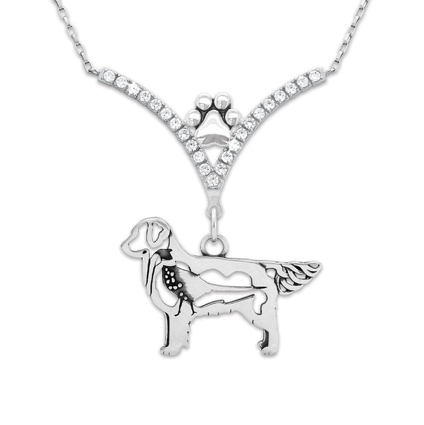 Golden Retriever Necklace Body Design with Pheasant in V-Shaped Cubic Zirconia and Sterling Silver Chain with Pawprint.