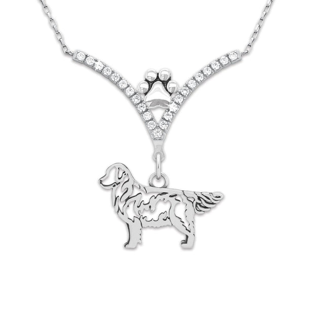 Golden Retriever Necklace Body Design in V-Shaped Cubic Zirconia and Sterling Silver Chain with Pawprint.