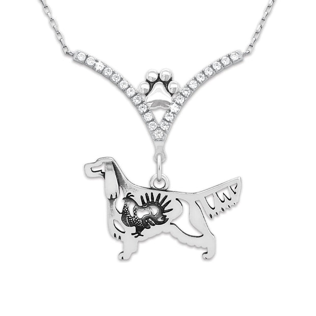 Gordon Setter Necklace Body Design with Grouse in V-Shaped Cubic Zirconia and Sterling Silver Chain with Pawprint.