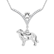 Great Pyrenees Necklace Body Design with Fox in V-Shaped Cubic Zirconia and Sterling Silver Chain with Pawprint.