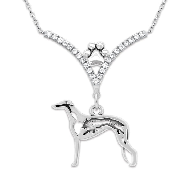 Greyhound Necklace Body Design with Fox in V-Shaped Cubic Zirconia and Sterling Silver Chain with Pawprint.