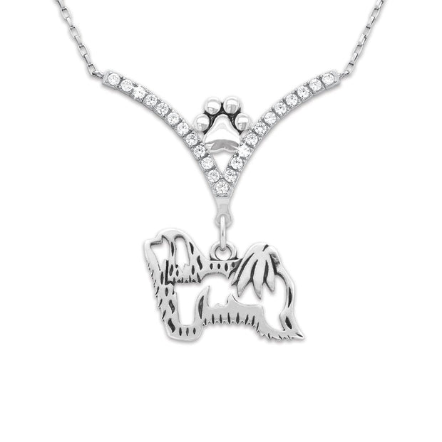 Havanese Necklace Body Design in V-Shaped Cubic Zirconia and Sterling Silver Chain with Pawprint.