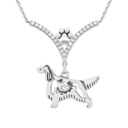 Irish Setter Necklace Body Design with Grouse in V-Shaped Cubic Zirconia and Sterling Silver Chain with Pawprint.