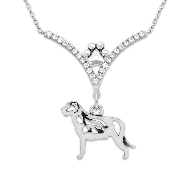 Irish Wolfhound Necklace Body Design in V-Shaped Cubic Zirconia and Sterling Silver Chain with Pawprint.