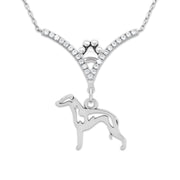 Italian Greyhound Necklace Body Design in V-Shaped Cubic Zirconia and Sterling Silver Chain with Pawprint.