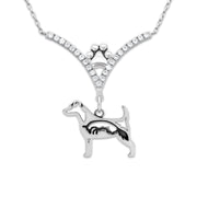 Jack Russell Terrier Necklace Body Design with Fox in V-Shaped Cubic Zirconia and Sterling Silver Chain with Pawprint.