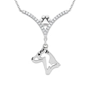 Jack Russell Terrier Necklace Head Design in V-Shaped Cubic Zirconia and Sterling Silver Chain with Pawprint.