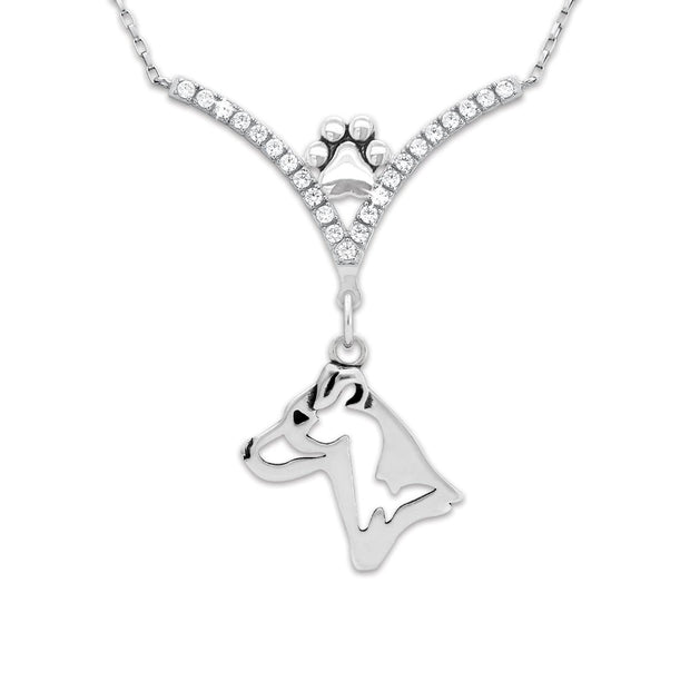 Jack Russell Terrier Necklace Head Design in V-Shaped Cubic Zirconia and Sterling Silver Chain with Pawprint.