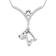 Jack Russell Terrier Necklace Head Design in V-Shaped Cubic Zirconia and Sterling Silver Chain with Pawprint.