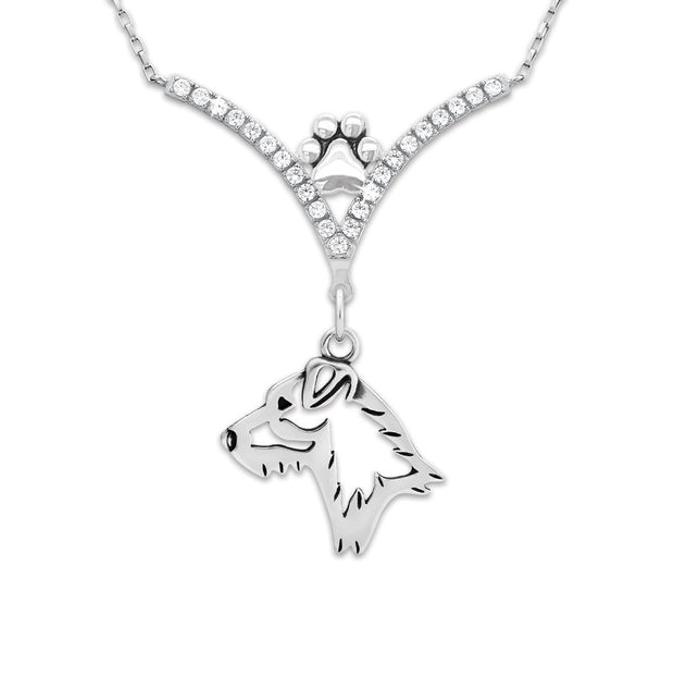 Jack Russell Terrier Necklace Head Design in V-Shaped Cubic Zirconia and Sterling Silver Chain with Pawprint.