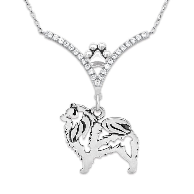 Keeshond Necklace Body Design in V-Shaped Cubic Zirconia and Sterling Silver Chain with Pawprint.