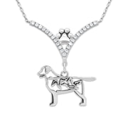 Labrador Retriever Necklace Body Design with Ducks in V-Shaped Cubic Zirconia and Sterling Silver Chain with Pawprint.