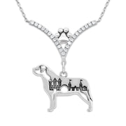 Mastiff Necklace Body Design with Castle in V-Shaped Cubic Zirconia and Sterling Silver Chain with Pawprint.