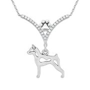 Miniature Pinscher Necklace Body Design in V-Shaped Cubic Zirconia and Sterling Silver Chain with Pawprint.