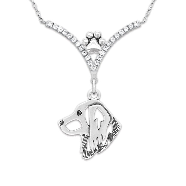 Nederlandse Kooikerhondje Necklace Head Design in V-Shaped Cubic Zirconia and Sterling Silver Chain with Pawprint.