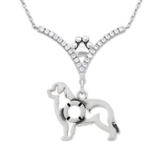 Newfoundland Necklace Body Design with Life Preserver in V-Shaped Cubic Zirconia and Sterling Silver Chain with Pawprint.