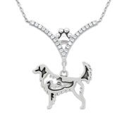 Nova Scotia Duck Tolling Retriever Necklace Body Design with Ducks in V-Shaped Cubic Zirconia and Sterling Silver Chain with Pawprint.