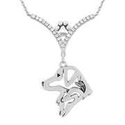 Nova Scotia Duck Tolling Retriever Necklace Head Design in V-Shaped Cubic Zirconia and Sterling Silver Chain with Pawprint.