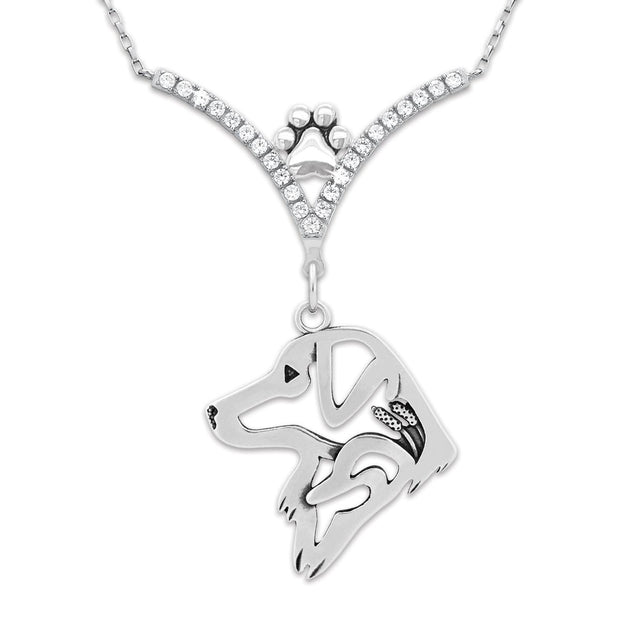 Nova Scotia Duck Tolling Retriever Necklace Head Design in V-Shaped Cubic Zirconia and Sterling Silver Chain with Pawprint.