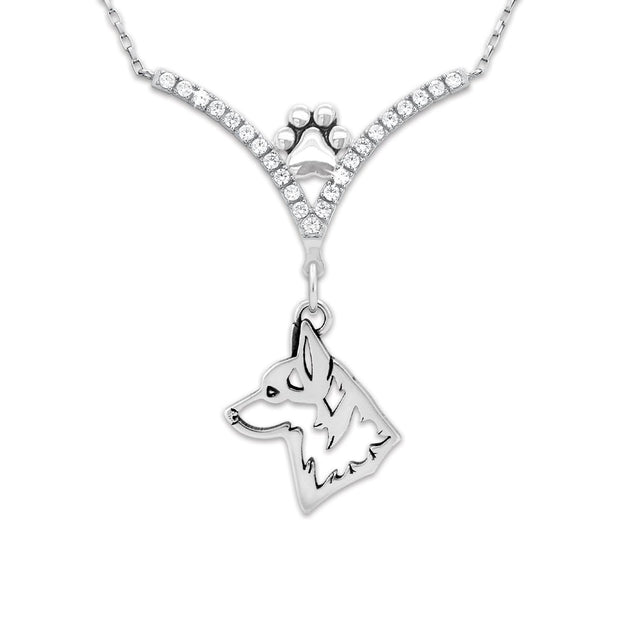 Pembroke Welsh Corgi Necklace Head Design in V-Shaped Cubic Zirconia and Sterling Silver Chain with Pawprint.